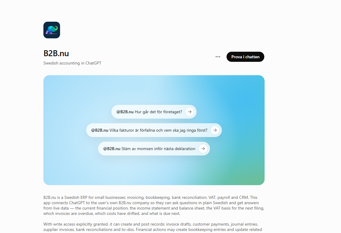 B2B.nu-appen i ChatGPT med exempel på frågor om ekonomi, förfallna fakturor och moms